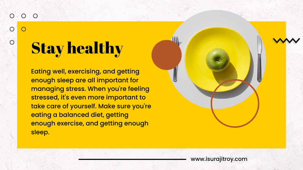 This a header banner of a blog, "Stay healthy". Main blog is, "How to Handle Work Pressure in IT Sectors?" This blog written by Surajitroy. To Know more about him, please visit his official website www.isurajitroy.com . A summary of this heading is, Eating well, exercising, and getting enough sleep are all important for managing stress. When you're feeling stressed, it's even more important to take care of yourself. Make sure you're eating a balanced diet, getting enough exercise, and getting enough sleep. A green apple placed on a yellow ceramic plate. A metal cutlery set placed beside the plate.