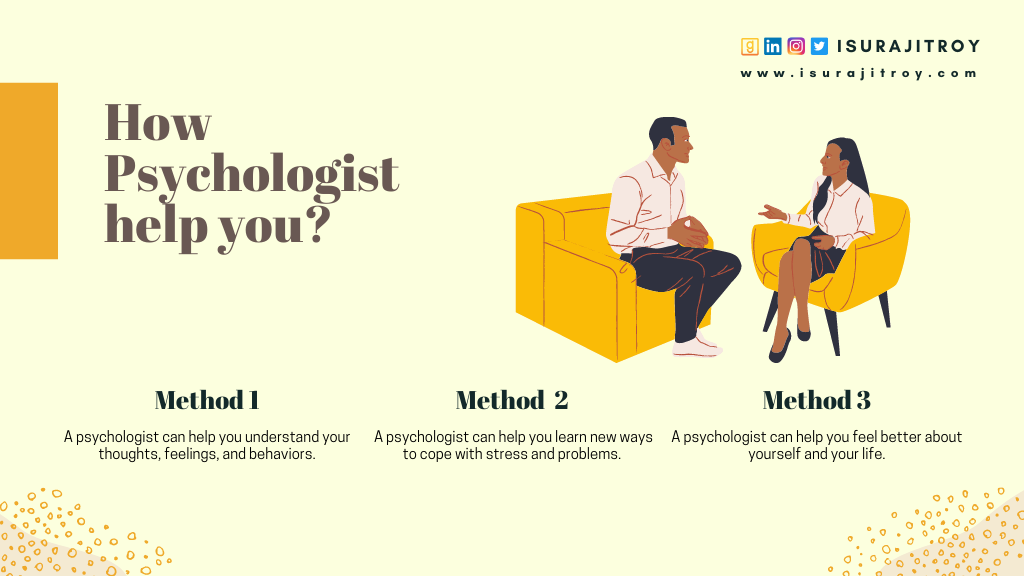 This is a text based blog paragraph banner. Theme color of this banner is yellow. The blog title is, " You Question Your Mental Health!" . The paragraph heading is, "How psychologist help you?" A short description of this heading is written on the banner. That is, Method 1 - A psychologist can help you understand your thoughts, feelings, and behaviors. | Method 2 - A psychologist can help you learn new ways to cope with stress and problems. | Method 3 - A psychologist can help you feel better about yourself and your life. Digitally hand drawn anime style a man and a lady sit on sofa by facing each other and having a conversation. This blog is written by Surajit Roy. an author, blogger and book reviewer. To know more about him, visit his official website www.isurajitroy.com. He is also available on Goodreads, LinkedIn, Instagram and Twitter; @isurajitroy is the profile handle (ID) for all above social media networks.