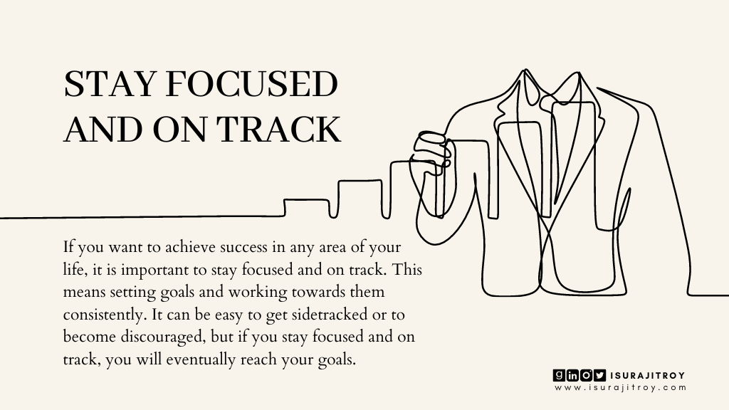 This is poster of a blog heading. Blog title is "Success To-Do" and heading title is, "Stay focused and on track". This blog written by Surajit Roy. A man in business drawing a bar chart. All image are digitally line drawn. A short summary of this heading written on this poster. Which is, If you want to achieve success in any area of your life, it is important to stay focused and on track. This means setting goals and working towards them consistently. It can be easy to get sidetracked or to become discouraged, but if you stay focused and on track, you will eventually reach your goals. To know more about Surajit Roy, visit his official website www.isurajitroy.com. He is also available on Goodreads, LinkedIn, Instagram and Twitter; @isurajitroy is the profile handle (ID) for all above social media networks.