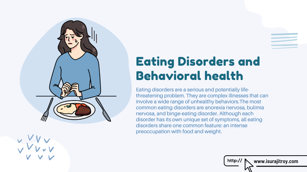 Infographic poster of Infographic poster. Eating disorders are a serious and potentially life-threatening problem. They are complex illnesses that can involve a wide range of unhealthy behaviors.The most common eating disorders are anorexia nervosa, bulimia nervosa, and binge-eating disorder. Although each disorder has its own unique set of symptoms, all eating disorders share one common feature: an intense preoccupation with food and weight. Know more please visit, www.isurajitroy.com .
