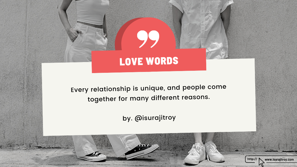 This is a love quotes poster. The quote is, "Every relationship is unique, and people come together for many different reasons". This quote written by, Surajit Roy. To know more about him, please visit his official website, www.isurajitroy.com. A couple white dress standing on a street.