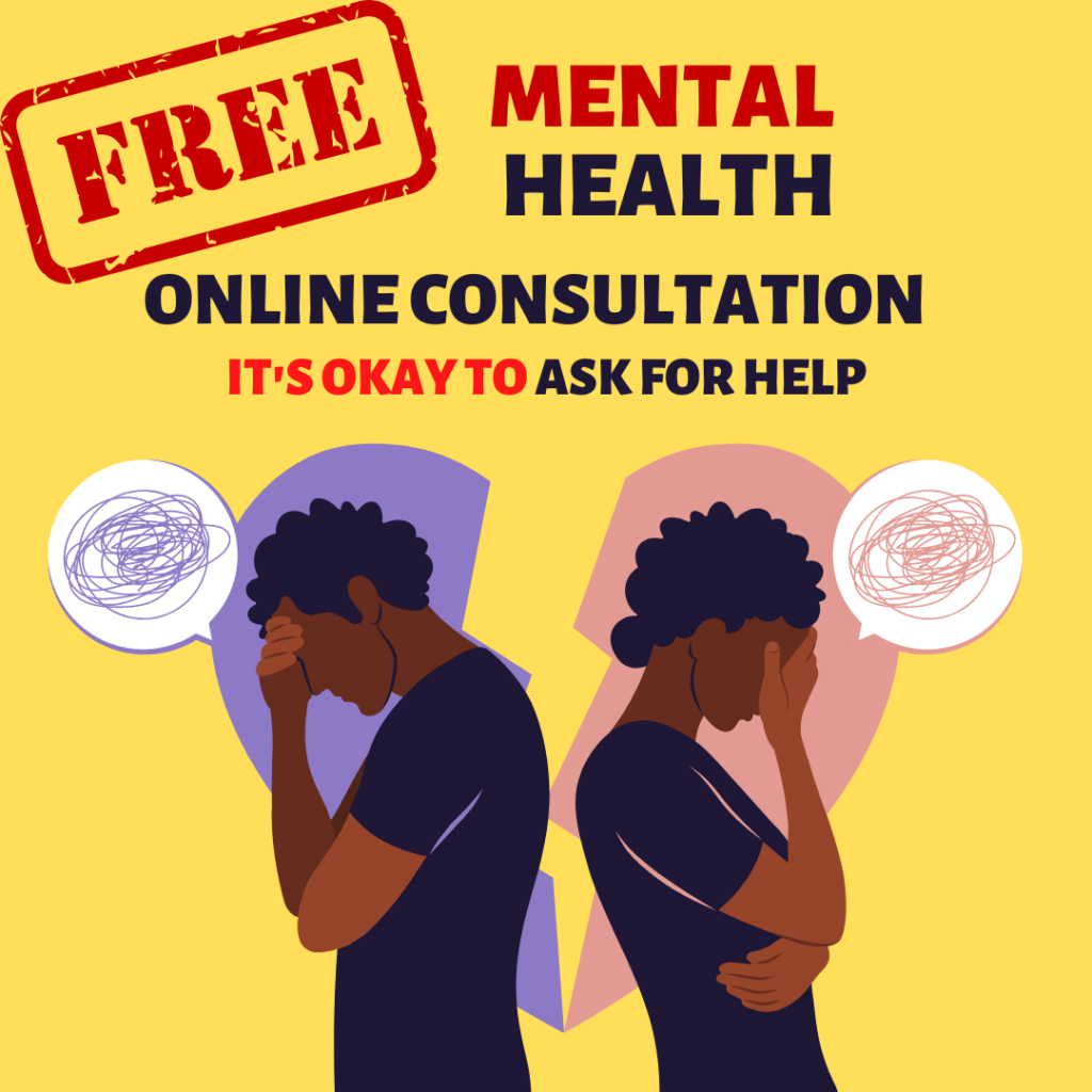 This is mental health awareness promotional poster. Poster color is yellow. This promotion is all about mental health awareness. Surajit Roy and his team are doing free online consultation for mentally depressed people. One man and a woman opposite facing each other, they look in tension.