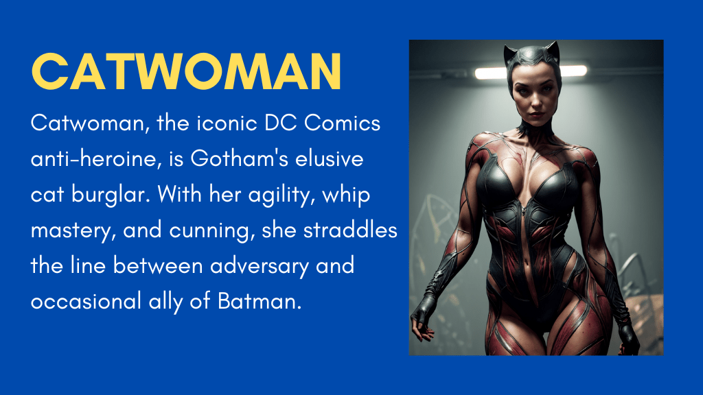 Catwoman, the iconic DC Comics anti-heroine, is Gotham's elusive cat burglar. With her agility, whip mastery, and cunning, she straddles the line between adversary and occasional ally of Batman.