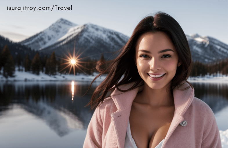 Dazzling Beauty in Pink! Explore the breathtaking winter vibes of Lake Tahoe with an American stunner. ❄️✨ Fashion meets adventure in this stunning photoshoot. #LakeTahoeWinter #WinterFashion