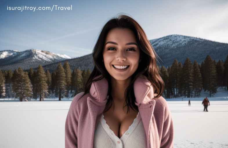 Dazzling Beauty in Pink! Explore the breathtaking winter vibes of Lake Tahoe with an American stunner. ❄️✨ Fashion meets adventure in this stunning photoshoot. #LakeTahoeWinter #WinterFashion