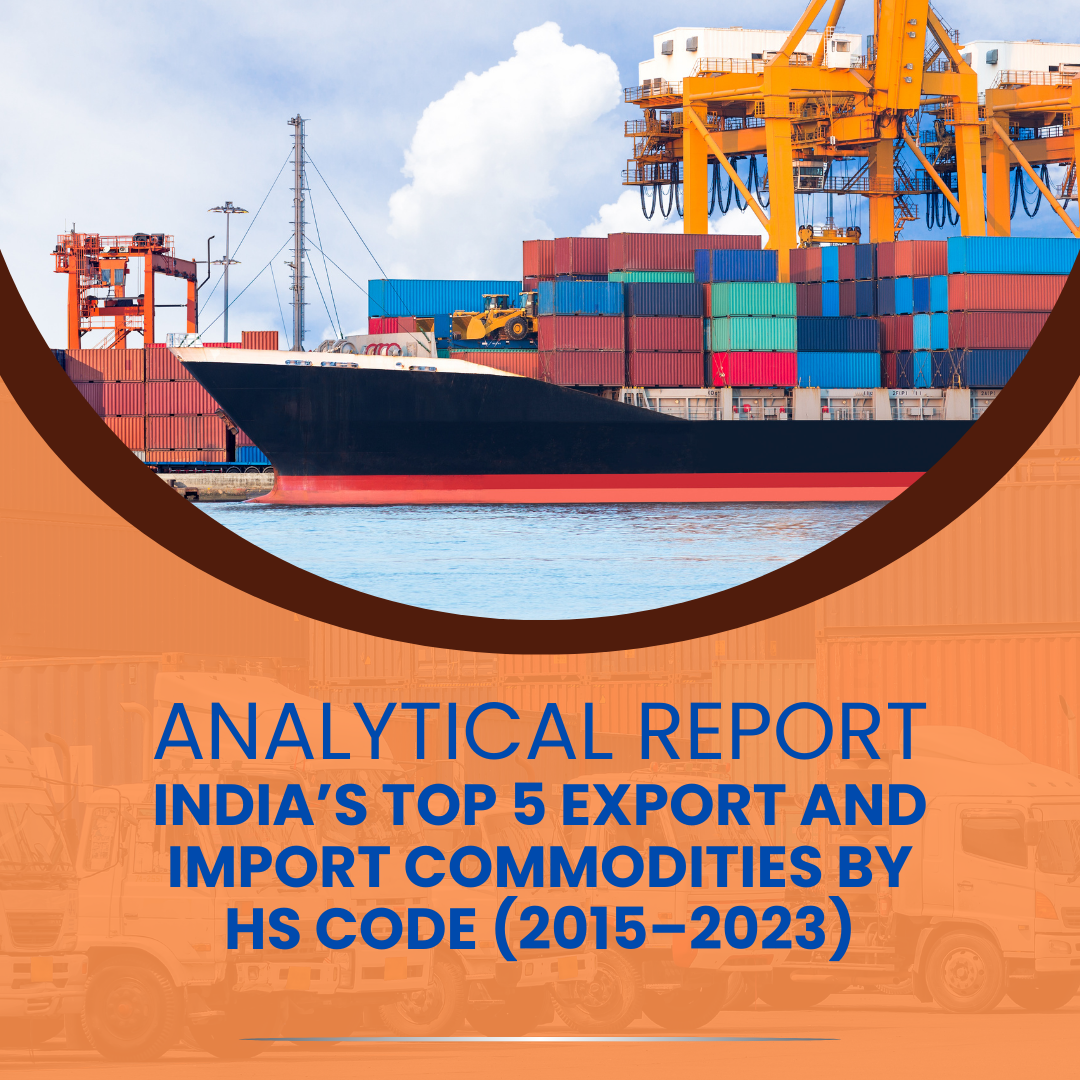 India's 2015–2023 trade: Top 5 export (diesel, smartphones, diamonds, drugs, jets) & import (crude oil, gold, LNG, circuits, PCs) commodities by HS code, with trends, deficit insights.