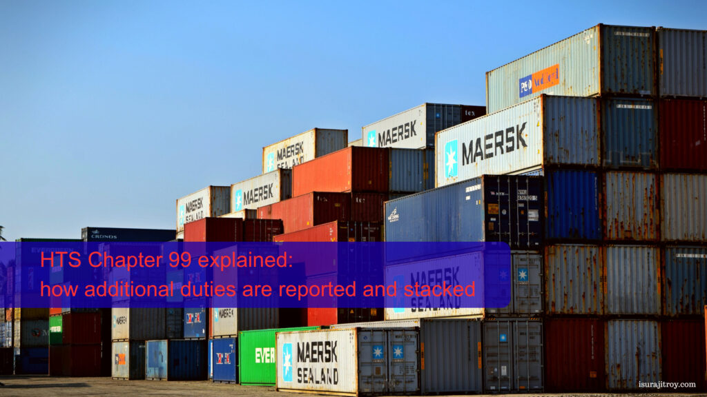 Title text 'HTS Chapter 99 explained: how additional duties are reported and stacked' over containers stacked several high in a container yard