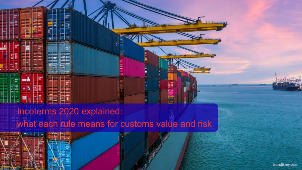 Title text 'Incoterms 2020 explained: what each rule means for customs value and risk' over a container ship stacked with colourful containers under port cranes at dusk